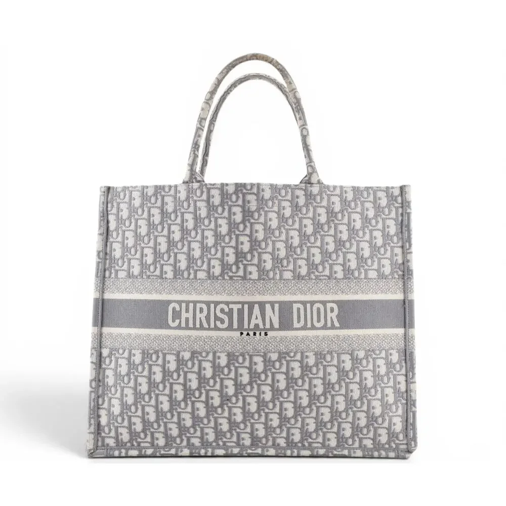 DIOR Large Dior Book Tote Gray White Oblique Canvas MINT